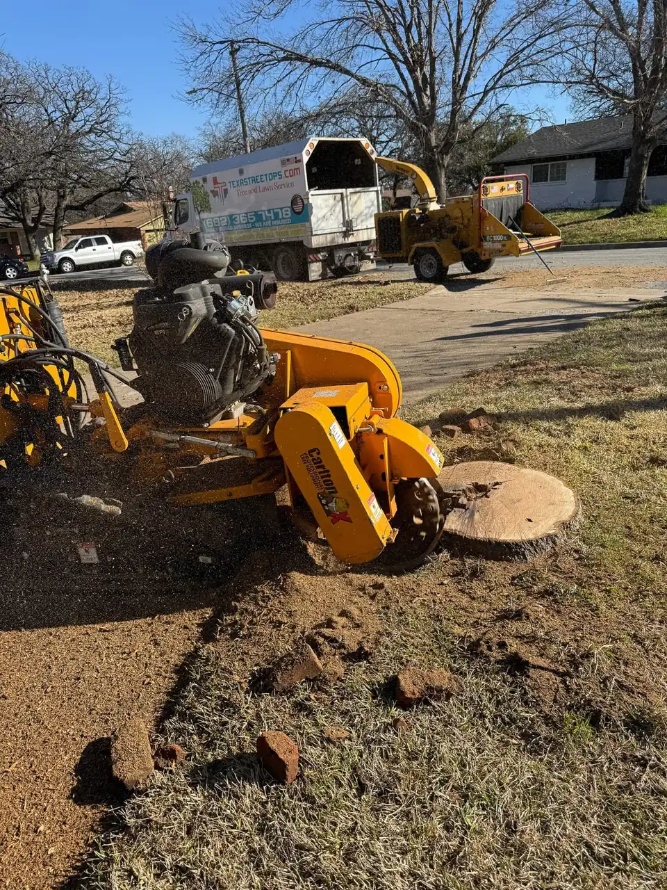 A tracked stump grinder on a front-yard stump, with the chip truck at the curb